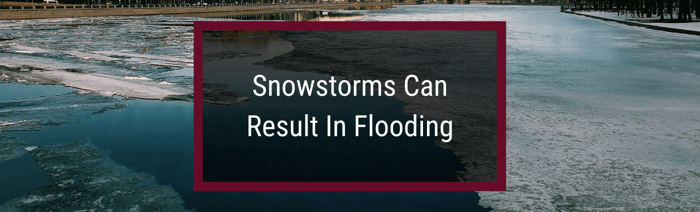 Snow storms result in flooding text over image of partially frozen river.